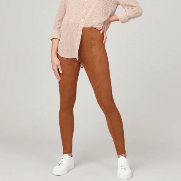 $110 SPANX Faux Suede Leggings Small Rich Caramel Tummy Control High Waist - Picture 1 of 12